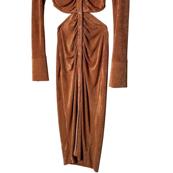 Isalis Dress Midi Button Down Front Split Back Long Sleeve V Neck Ruched Size S - Picture 3 of 11